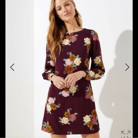 Loft Burgundy Floral Cuffed Shift Dress Sz 4 - Picture 1 of 12